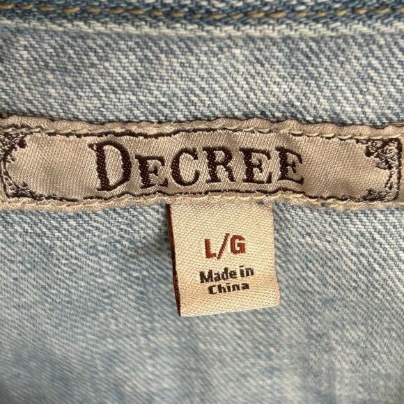 DECREE Juniors L Cropped Denim Jacket Y2K Style Light Wash Factory Distressed - Picture 7 of 11